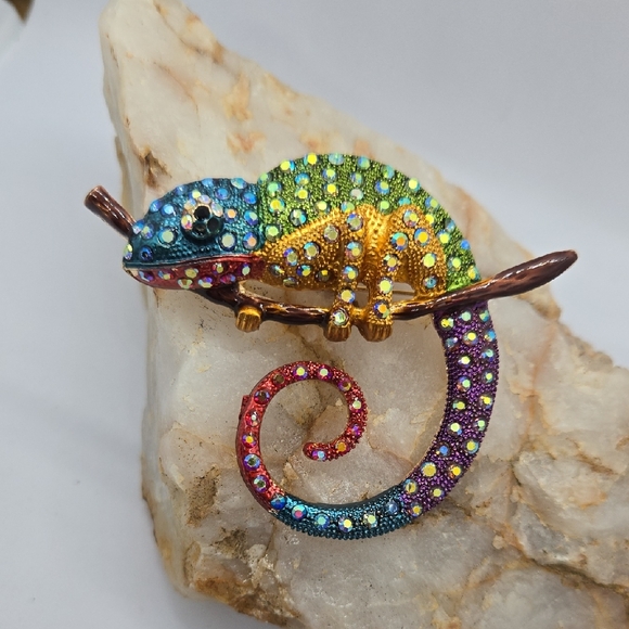 Boutique Jewelry - Colorful Chameleon Rhinestone Brooch Large Reptile Lizard Pin Sparkly Statement